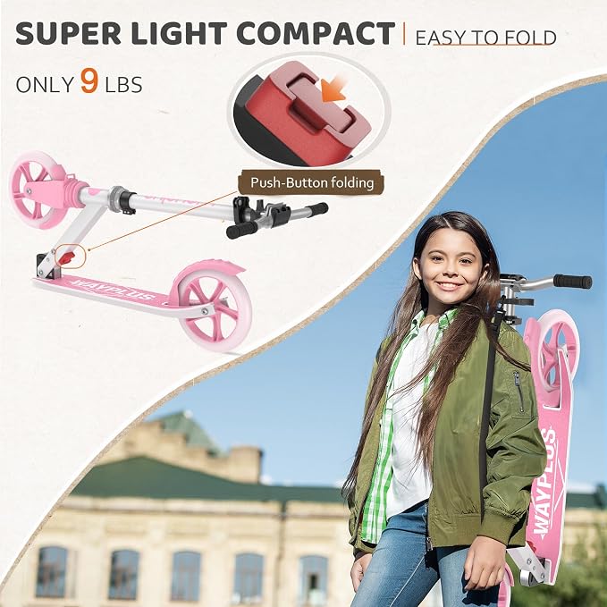 WAYPLUS KS1 Kick Scooter for Ages 6+,Kid, Teens & Adults. Max Load 240 LBS. Foldable, Lightweight, 8IN Big Wheels for Kids, Teen and Adults, 4 Adjustable Levels. Bearing ABEC9 FED Fitness
