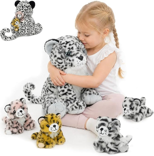 MorisMos Snow Leopard Stuffed Animal with Babies, 5-in-1 Plush Family, 14" Mommy Snow Leopard with 4 Baby Cubs, Soft Cuddly Big Cat Plush Toys Gifts for Kids Birthday Jungle Baby Shower Nursery Decor