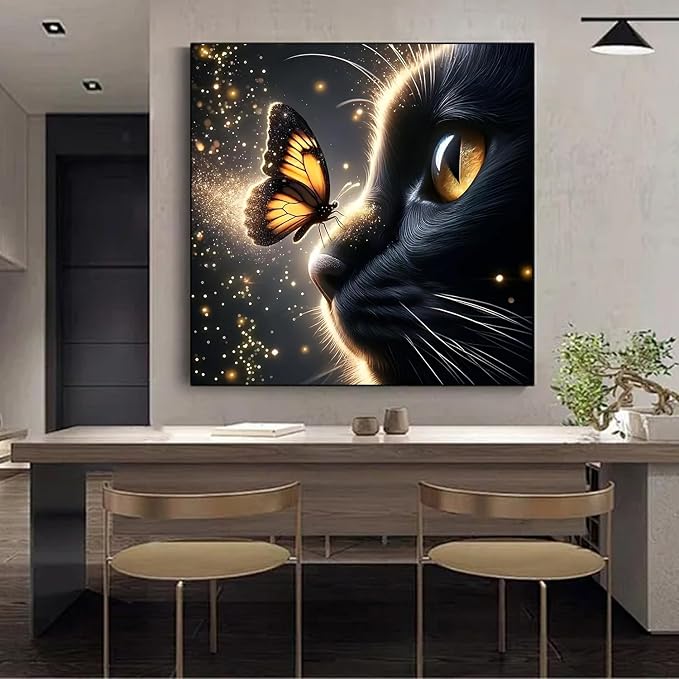 RYMILIE Black Cat Diamond Art Kits for Adults, Full Drill Butterfly Diamond Painting Kits for Adults, DIY Round Paint By Diamonds for Home Decor Gifts 14x14 Inch