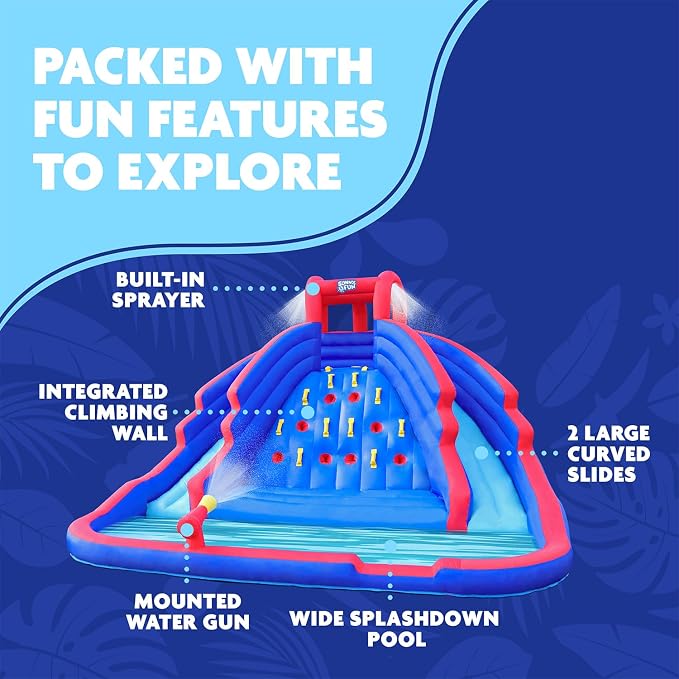 Sunny & Fun Ultra Climber Inflatable Water Slide Park – Heavy-Duty for Outdoor Fun - Climbing Wall, Two Slides & Splash Pool – Easy to Set Up & Inflate with Included Air Pump & Carrying Case