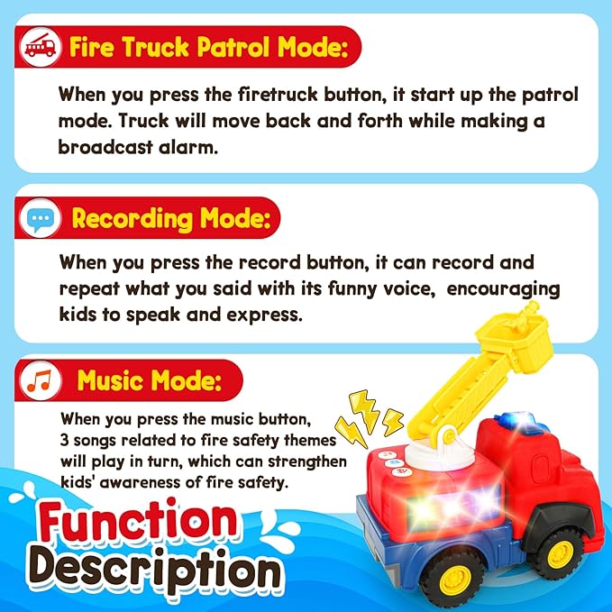 Interactive Talking Fire Truck Toy for Toddlers 1-3, Musical Toy with Realistic Sirens & Sounds & Lights, Recording Repeating Learning Toy, Car Toddler Toys for 2 Year Old Boy Girl Birthday Gifts