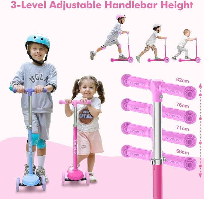 TONBUX Kids Scooter for Ages 3-5, Toddler Scooter with Light-Up Deck and Wheels, Adjustable 4-Level Height 3-Wheel Scooters for Kids, Lean-to-Steer Design