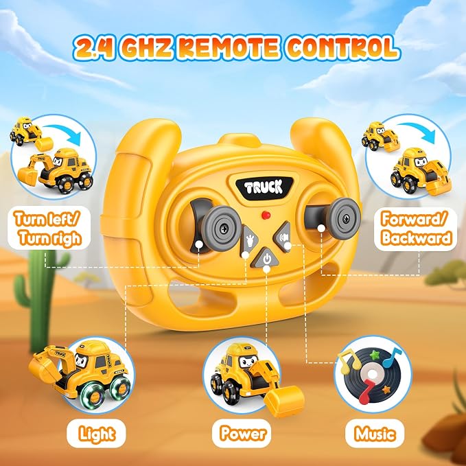 Toyjolka Toddler Remote Control Car with Flashing Light Wheels for 2 3 4 5 6 Year Old Boys Girls, USB Rechargeable Construction Excavator Toy for Toddlers 2-6 Great Birthday Gift Idea for Kids