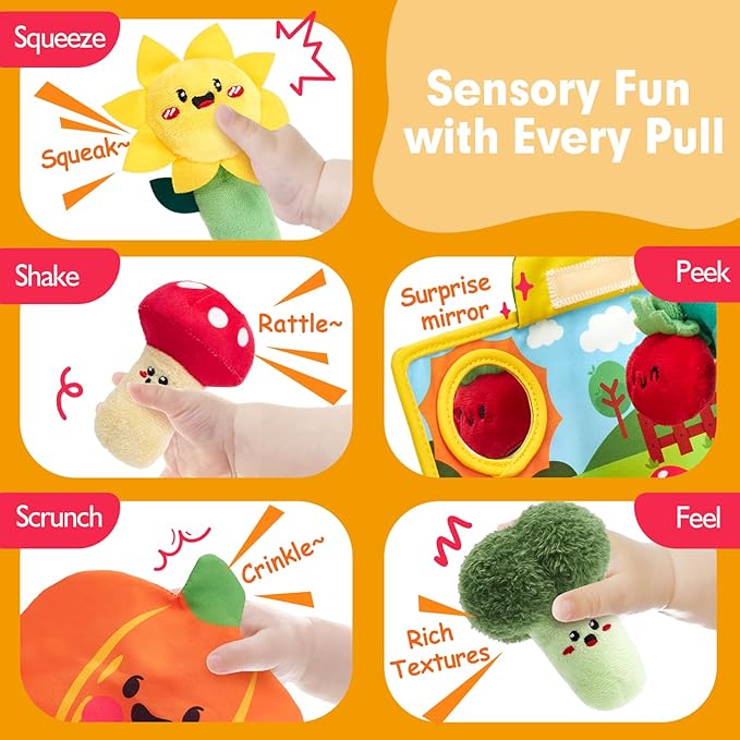 hahaland Baby Toys 6-12 Months - Fruits Vegetables Garden Plant Farm Plush | 6 Month Old Montessori Sensory Toys Carrot Flower with Rattles Mirror Squeaker Crinkle Tissues, 9 Month Old Gifts for Babies