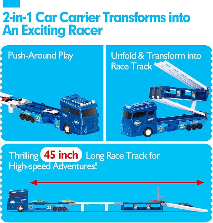 hahaland Toys for 3 Year Old Boy Gift - 2 in 1 Car Carrier Transforms into Race Tracks Toys with Dual Launcher Truck for Kids Ages 3-5 - Car Sets for Boys 3 Year Old Boy Gifts