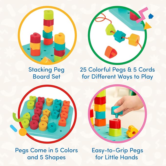 Battat – Toddler Peg Board – Stacking Peg Board Set – Fine Motor Skills Toy – Therapy Toy, 31 Pieces – 2+ Years – Count & Match Pegboard