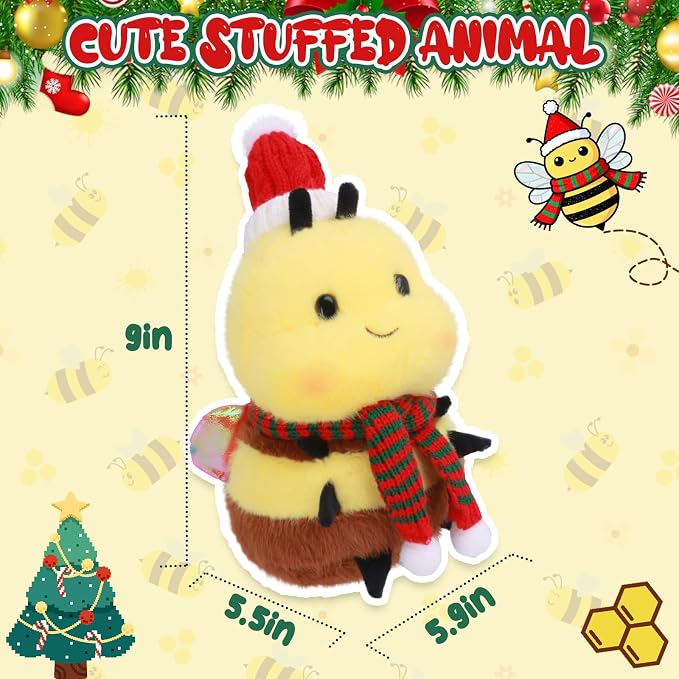 Christmas Bee Plush Toy - Chubby Cute Santa Bee with Knitted Hat & Scarf, Festive Stuffed Animal for Kids & Adults, Perfect Decor (8 inch)
