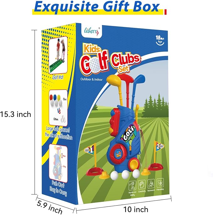 Liberry Toddler Golf Set with Putting Mat for 2 3 4 Years Old Boys Girls, Upgraded Kids Golf Cart with Unique Shoulder Strap Design, Indoor and Outdoor Golf Toys Gifts