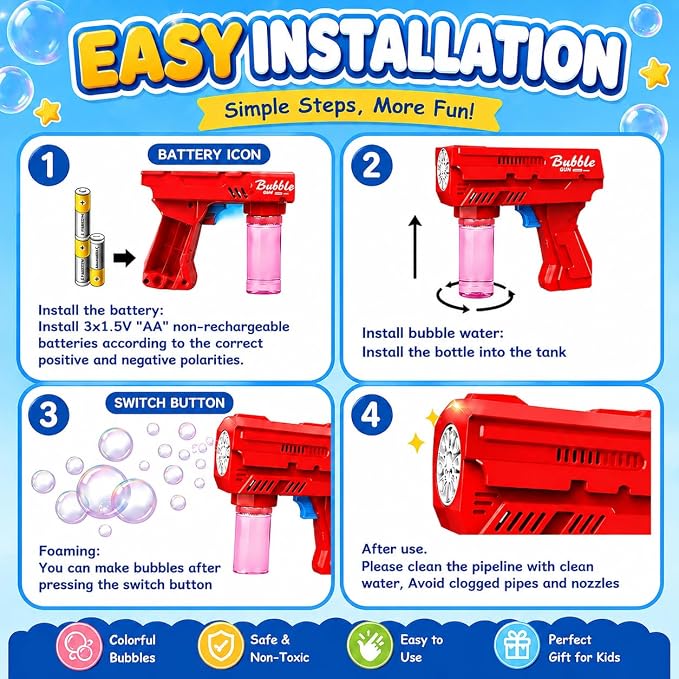 Bubble Gun for Kids 3-8, Automatic Bubble Blaster with LED Light & Refill Solution, Kids Bubble Machine Blower, Outdoor Toy for Birthday Party Wedding Easter Gift (Red)