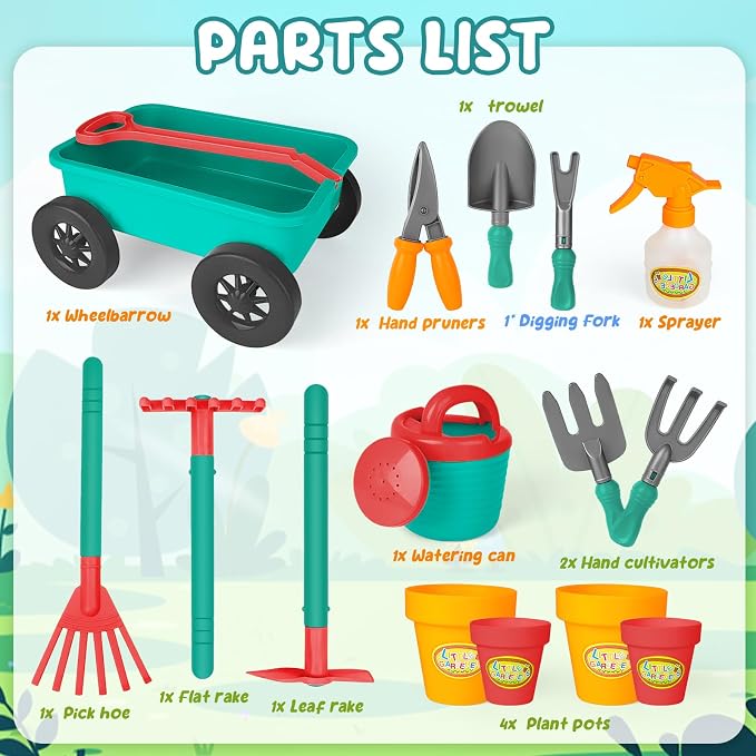 deAO Kids Garden Wagon Wheelbarrow and Gardening Tools Play Set Includes 10 Accessories and 4 Plant Pots,Great Outdoor Toddler Toys Kids Gardening Set