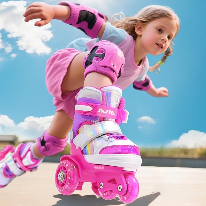 SULIFEEL Rainbow Unicorn 4 Size Adjustable Roller Skates for Girls Boys for Kids Ages 3-5 5-8 6-12 Children Skates Indoor Outdoor