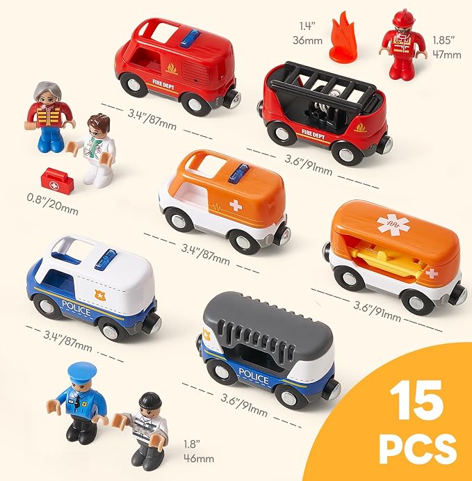 Giant bean 6pcs Magnetic Rescue Train Car Set with Sound & Light – 3 in1 Police, Fire & Ambulance Emergency Vehicles, Magnetic Coupling with Action Figures Accessories, STEM Play Toy for Kids 3+