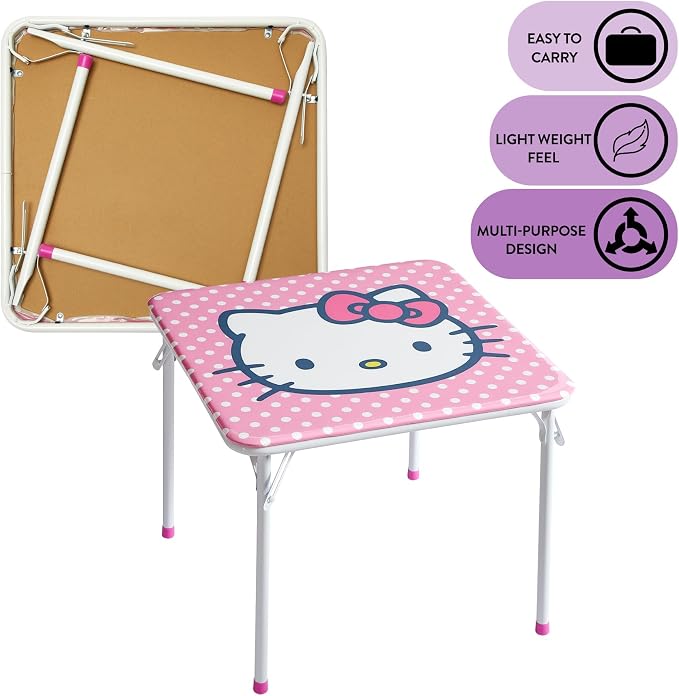 Hello Kitty Kids Activity Table and Chair Set, 3-Piece Square Table with 2 Folding Chairs, Sanrio Character Design,Furniture Set for Ages 3+