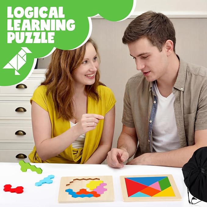 Yunsailing 3 Pack Large Wooden Blocks Puzzles Hexagon Tangram Puzzle Wooden Russian Brain Puzzles for Adult Challenge Teasers Geometric Jigsaw Logic Iq STEM Educational Gift Graduation(Geometry)