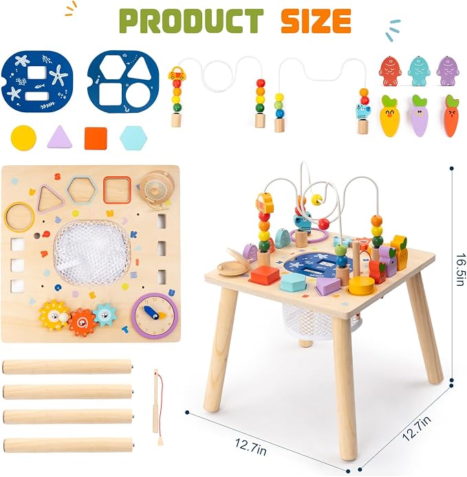 Baby Activity Table for 1 Year Old, Wooden Sensory Table Activity Center with Bead Maze with Shape Sorter Fishing Game, 8 in 1 Learning Toys for Baby 12+ Months Boys Girls Gifts