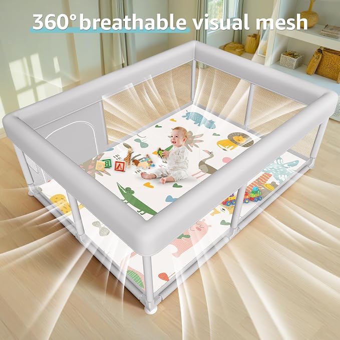 Hiaksedt Baby Playpen with Mat 65 x 50 Inch, PlayPen for Babies and Toddlers, Sturdy Safety Play Yard for Indoor & Outdoor with Zipper Gates