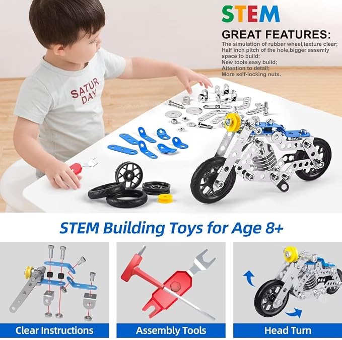 Ferthor Fun Creative Set Motorcycle,Stem Building Projects Toys for Kids 8 9 10 11 12+ Year Old,Metal Building Construction Model kit, 5 in 1 Motobike Building Blocks Steam Educational Toys(139PCS)