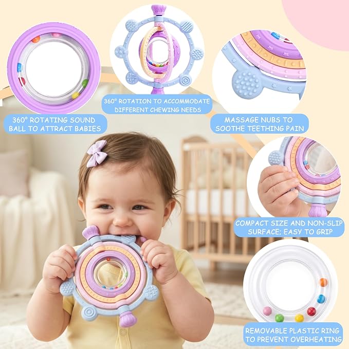 Rotatable Baby Teething Rings Rattle Toys for Infants 3-12 Months, Silicone Baby Teether Sensory Toys with Raised Textured Bumps, Safe & Soft for Chewing, Teething Relief, Soothing Sore Gums, BPA-Free