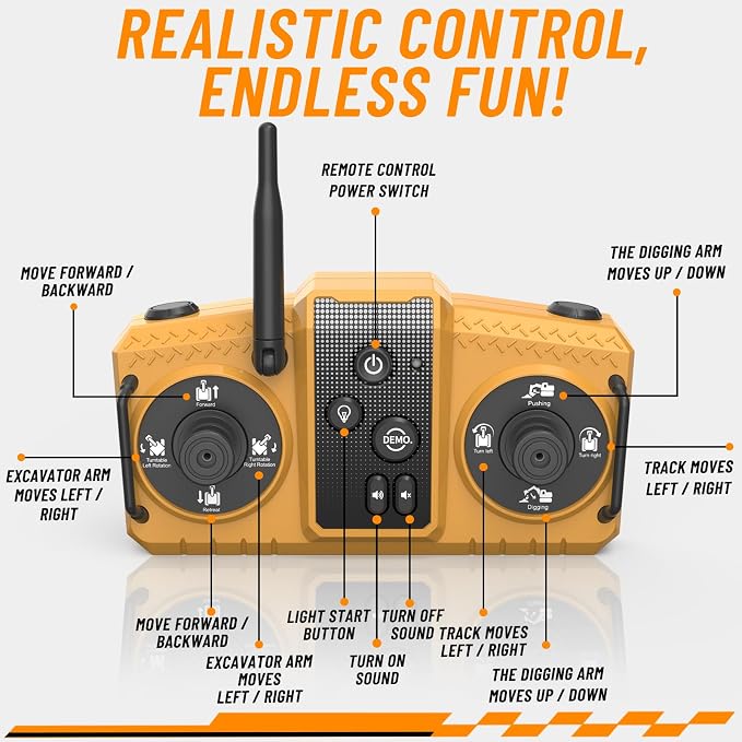kolegend 3 in 1 Remote Control Excavator Toy 14 Channel RC Excavator Toy for Boys 3-12 with Bucket/Claw/Drill 2.4GHz Full Functional Construction Vehicles Toys Gift for 6 7 8 9 10 Years Old Kids Boys