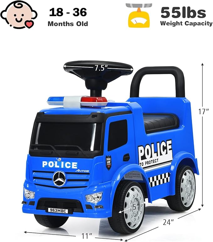 Costzon Ride On Push Car for Toddlers, Licensed Mercedes Benz Sliding Car w/Steering Wheel, Horn, Headlights, Under Seat Storage, Foot-to-Floor Riding Toy for Boy Girl 18-36 Months (Police Car, Blue)