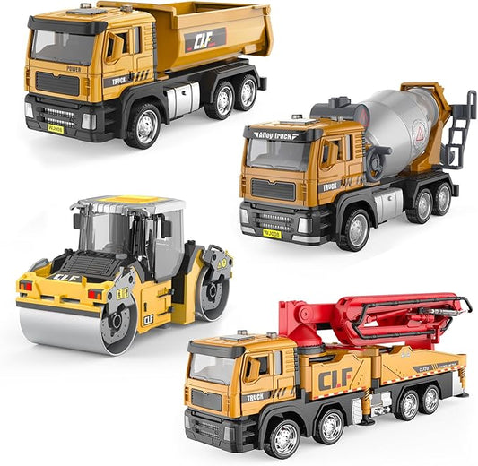 4-Pack Die-Cast Construction Vehicle Set, 1:50 Dump Truck, Road Roller, Cement Mixer & Concrete Pump Truck, Realistic Functional Toys for Kids 3-9