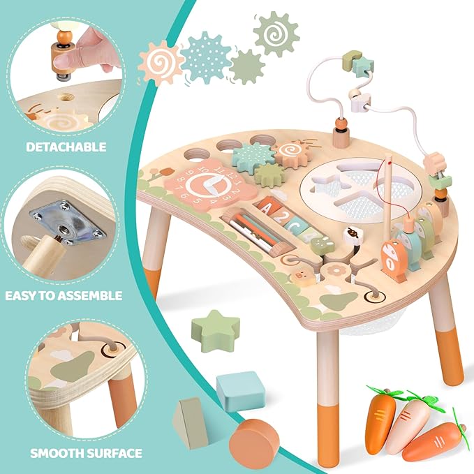 Wooden Activity Table for Toddlers 1-3, 9 in 1 Montessori Sensory Table with Bead Maze Shape Sorter Fishing Game, Baby Activity Table Learning Toys for 1 2 3 Year Old Boys Girls