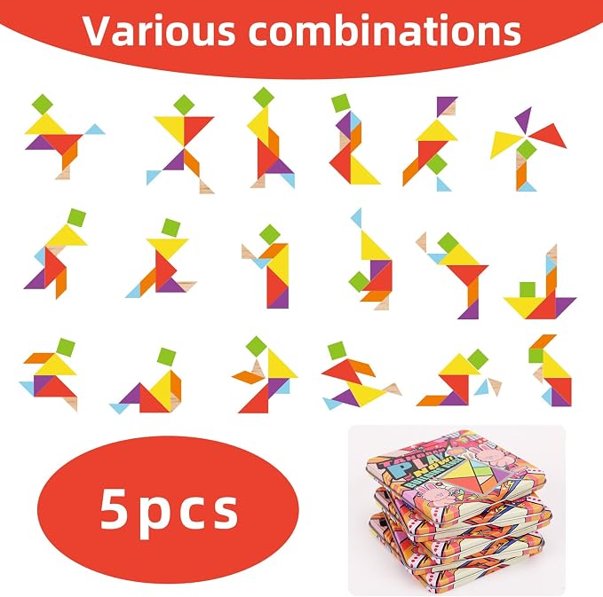 5 Pack Wooden Blocks Puzzle Brain Teasers Toy STEM Montessori Educational Gift for Kids Ages 3-6 Stocking Stuffers