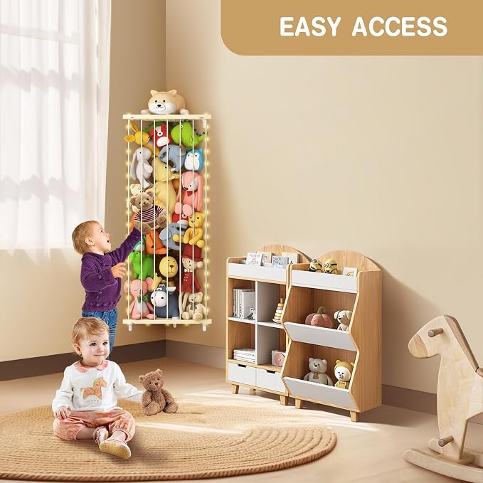Stuffed Animal Storage Shelf Organizer(Patented) - Corner Stuffed Animal Holder Length Adjustable - Wall Plush Storage with Light for Nursery Playroom Bedroom Kids Room (Beige)