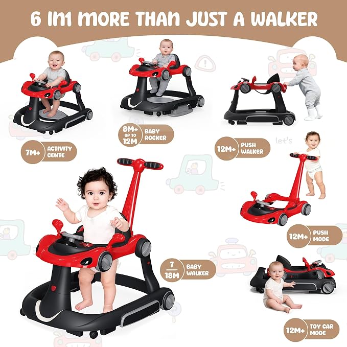 6-in-1 Foldable Baby Walker Activity Center Bouncer Rocker 6-18 Mons