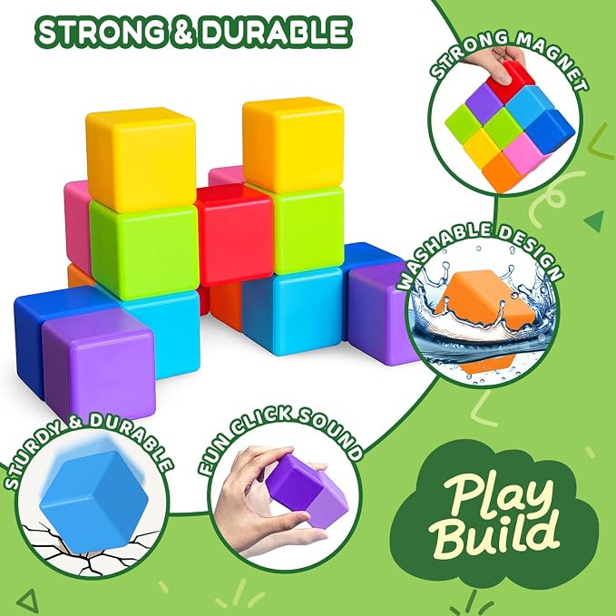Pairez Toys Magnetic Blocks, Large Magnetic Building Blocks for Toddlers, 1.65 Inch 3D Magnet Cubes in 8 Colors, Montessori & Sensory Stacking Toy Gift for Kids Ages 1-3 (16PCS)