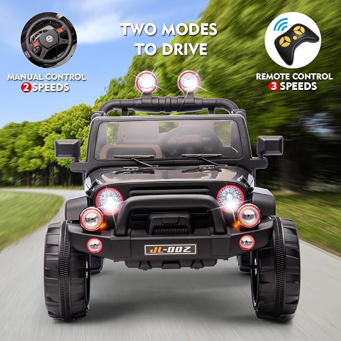 Fitnessclub Electric Cars for Kids, 12V Powered Kids Ride On Car with 2.4 GHZ Bluetooth Remote Control, LED Lights, MP3 Player, 3 Speeds, Waterproof Cover (Black)