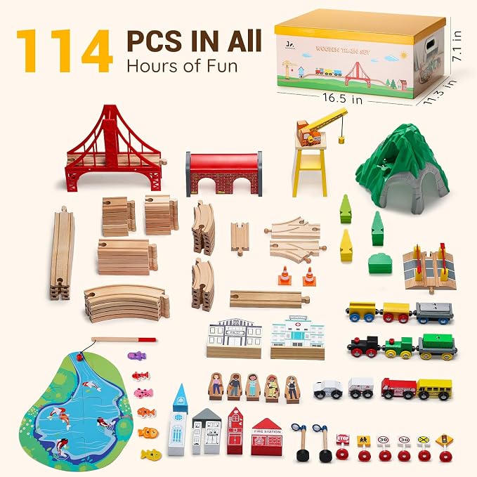 SainSmart Jr. 114PCS Wooden Train Set with Storage Box, Wood Train Track Set Compatible with Major Brands, Expandable Train Toys for 3-7 Years Old Girls & Boys, Great Birthday
