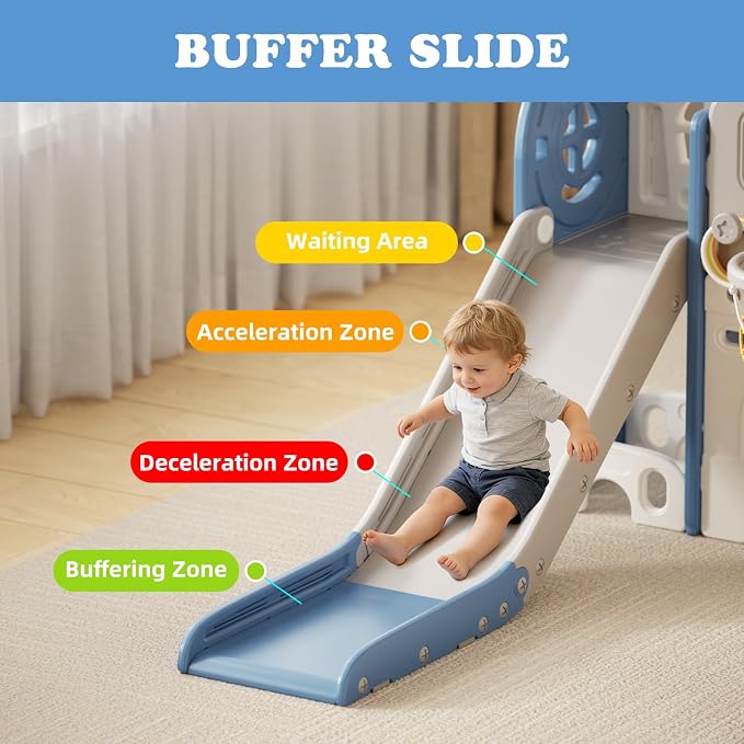 XJD 8 in 1 Toddler Slide Set, Kids Slide for Toddlers Age 1+, Climber Slide PlaySet with Basketball Hoop and Ball,Outdoor Indoor Playground for Toddlers 1-3 (Blue, Small)