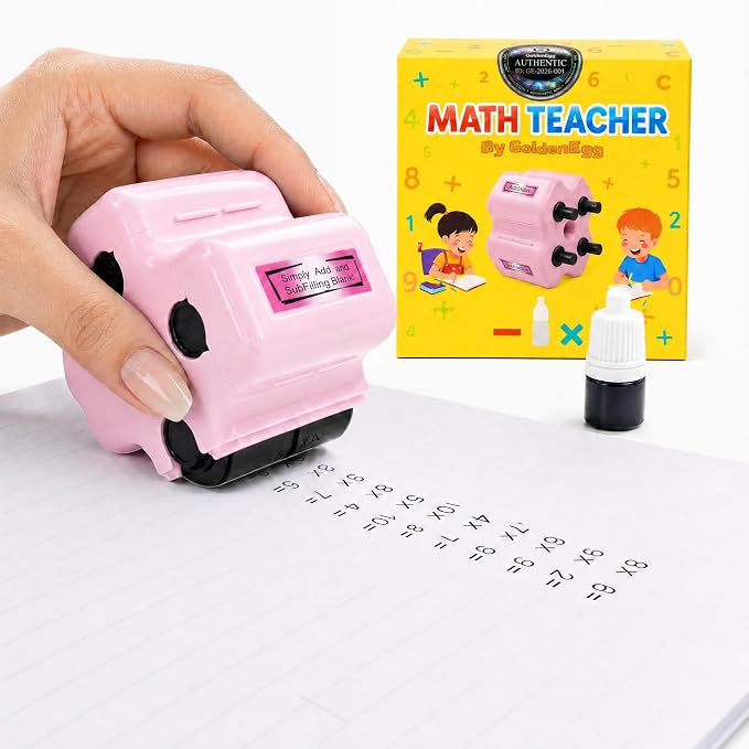 GoldenEgg Math Teacher 4-in-1 Math Roller Stamp, Addition, Subtraction, Multiplication & Fill-in-the-Blank Practice Tool for Kids, Classroom & Home Use (Pink)