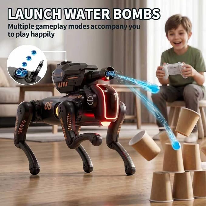 Remote Control Robot Dog Toy with Safe Soft Projectile Launcher, Upgraded Stable RC Smart Puppy with 30+ Stunts, Smart Programmable Interaction, Screen-Free STEM Gift for Kids Age 6-12(Black)