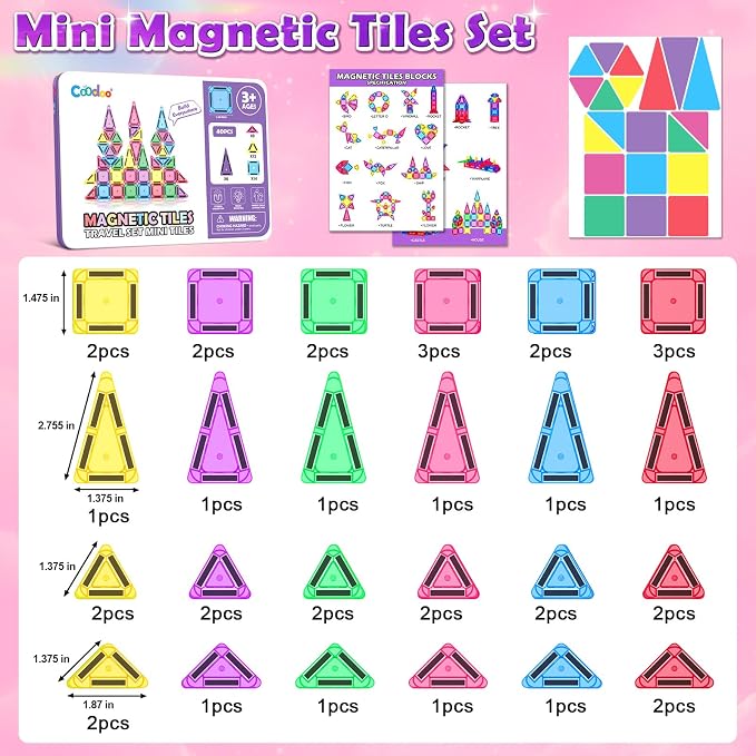 Magnetic Tiles Mini Travel Toys Set for Kids, Magnetic Blocks Building Toy Preschool Classroom Must Haves, Montessori Sensory Outdoor Kids Toys for Toddlers 3+ Year Old Girls Boys Travel Essential