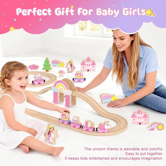Wooden Train Set, Magnetic Pink Unicorn Toys Train Track for Toddler 3-6 | Princess Toddler Toys for 3 4 5 6 Year Old Girl Birthday Gifts
