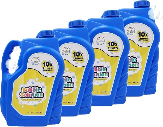 The Dreidel Company Ready Bubble Solution Refill for Bubbles Toys, Up to 2.5 Gallon, Non-Toxic Large 32oz Ready Liquid for Bubble Machine, Guns, Wands, Lawn Mower Toy (4-Pack)