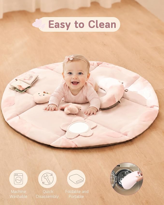 Fortella Baby Play Gym & Activity Mat, Machine Washable & Foldable Tummy Time Mat with 5 Detachable Toys, Certified Safe Newborn Essentials Gift for Baby Registry 0-12 Months (Rose Pink)