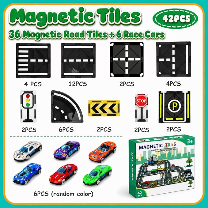 Magnetic Tiles Road Set with Cars, Magnetic Road Building Tiles with 6 Race Cars, Traffic Lights & Road Signs, STEM Construction Toy for Boys Girls Ages 3-5 4-8 5-7, Expansion Magnetic Building
