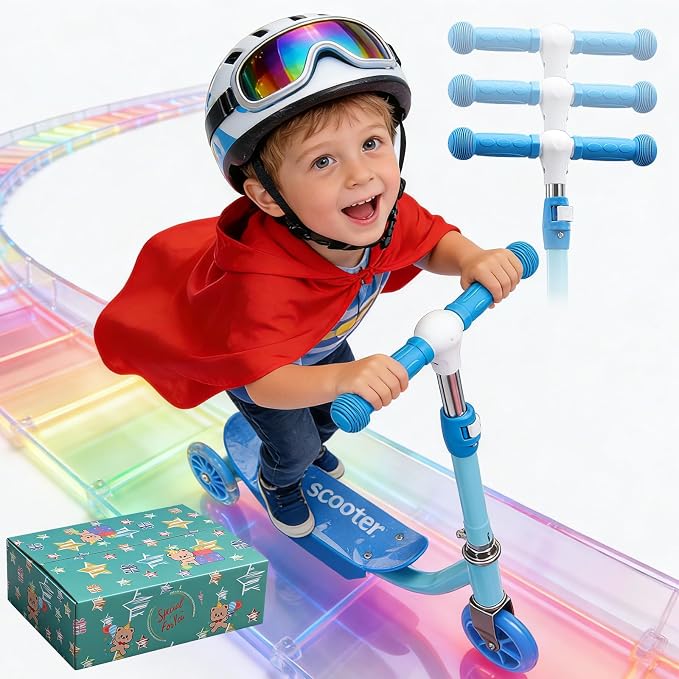 Scooters for Kids 3-5 Years Age 3-Wheel Light Up Scooter with Flexible Steer & 3-Adjustable Height for Boys Girls Outdoor Indoor Recreational Transport Blue Pink Orange
