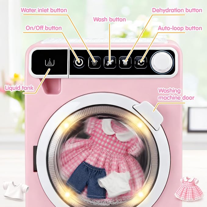 Kids Toy Washing Machine, Realistic Pretend Play Appliance for Girls, Interactive Toy Dollhouse Furniture, Play Washer and Dryer Playset with Spinning Drum (Pink)