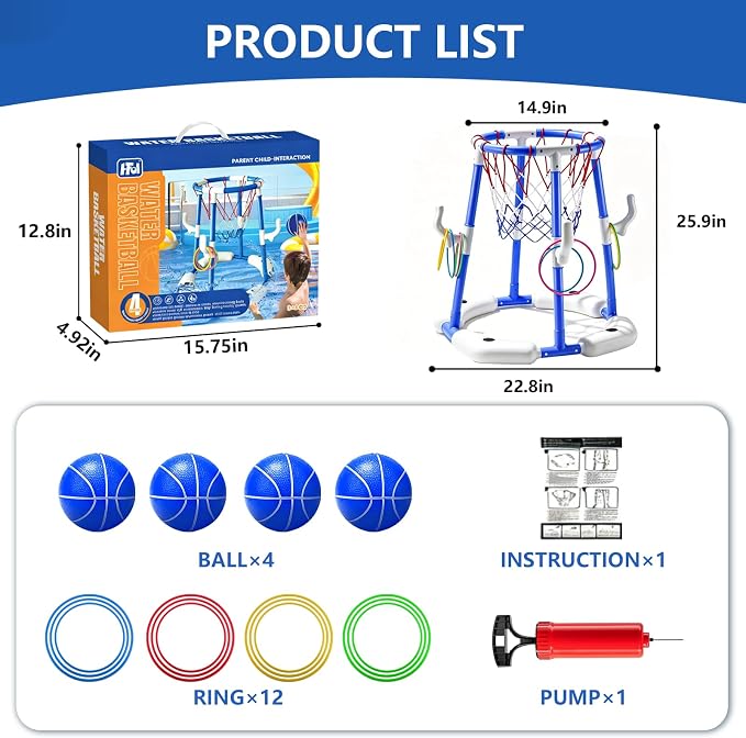 Pool Basketball Hoop with 4 Balls & 12 Rings, 2-in-1 Floating Pool Toys for Kids Adults, Water Game for Indoor Outdoor Swimming Backyard Party, Portable Summer Gifts for Boys Girls Ages 8-12, Blue