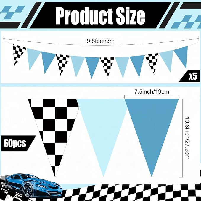 Tiamon 5 Pcs Racing Car Flag Banner Party Decorations Dusty Blue Black with Checkered Triangle 49.2 ft Flag Race Car Pennant Banner Garland Streamer for Birthday Baby Shower 2nd Two Fast Party Supply