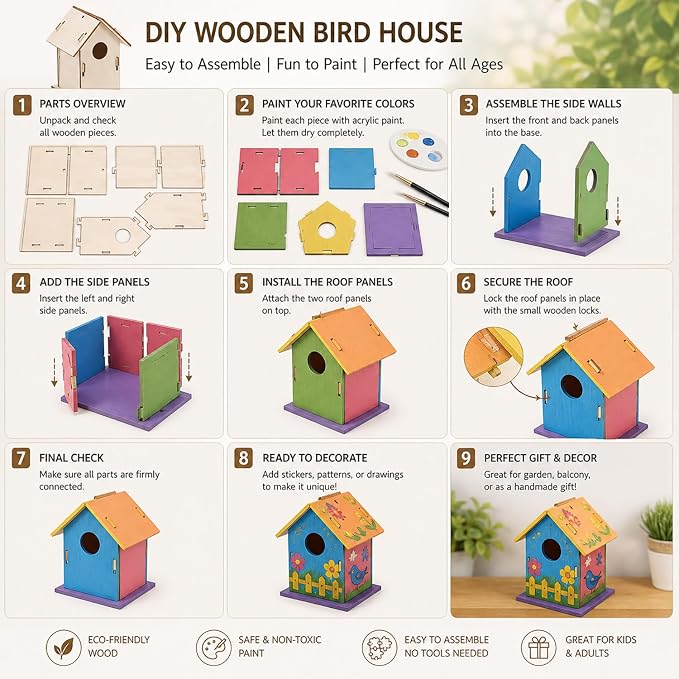 Bird House Kit, Wooden Bird Houses Craft Kits for Kids, 18 PCS DIY Painting Set with Paint Brushes Rope, Arts and Crafts for Kids Ages 6-12