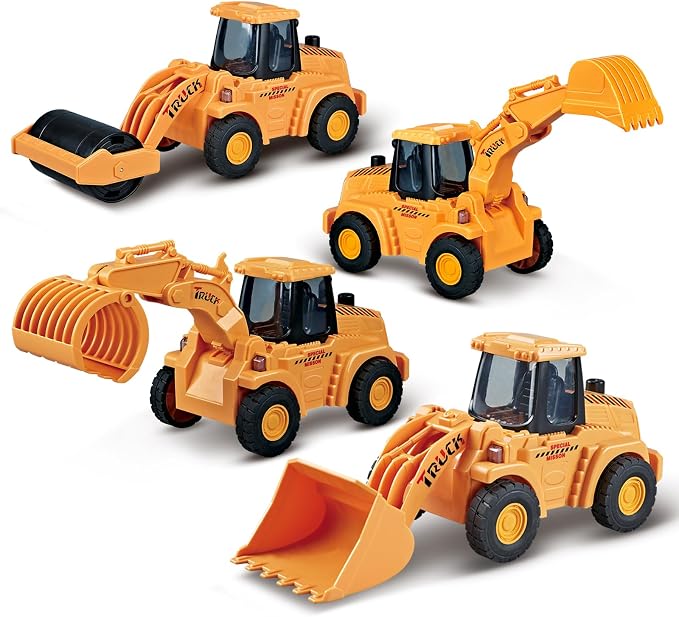 Veslier 4 Pack Construction Toys for 3 4 5 6 + Years Old Boys Kids Toddlers, Friction Powered Truck Toys for Toddlers 3 4 5 6 Years,Push and Go Car Toy,Kids Birthday Gifts for 3-6 Years Old Boys