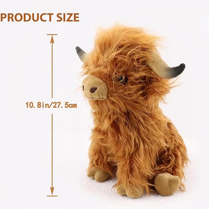 Highland Cow Stuffed Animal Realistic Scottish Cow Plush Toy Soft Farm Animal Cattle Plushie Doll Present for Adults Kids Boys Girls (Brown Cow, 10.8 Inch)