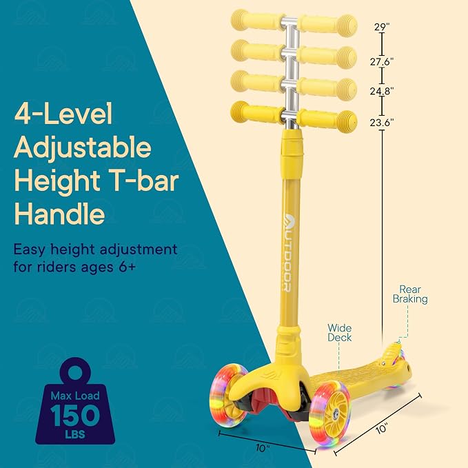 Outdoor Cruiser 3-wheel Kids Scooter – With Lean-to-steer Technology, Wide Deck, Led Lighted Wheel, 4-level Adjustable Height T-bar Handle, Support Kid Up to 150 Lbs, for Boys & Girls Ages 3-8, Yellow