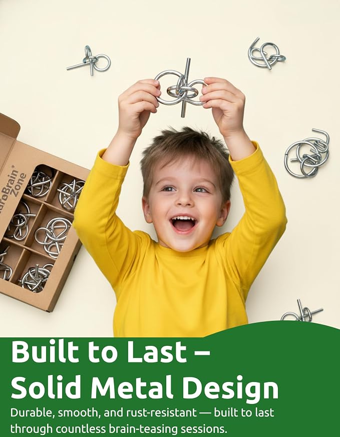4-in-1 Classic Metal Puzzle Set by Sharp Brain Zone – Durable Brainteasers, Mechanical Logic Games, Brain Training Challenges, Travel Puzzles & Smart Gift