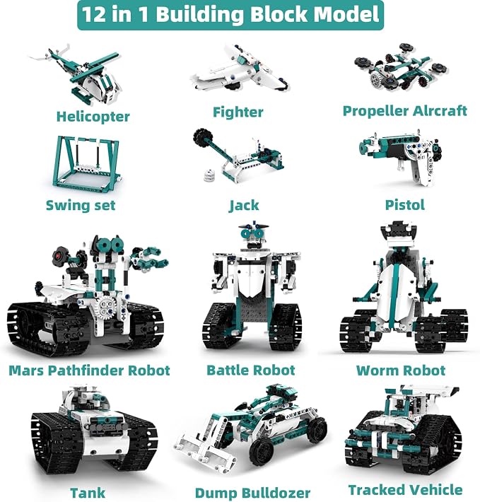 STEM Robot Toys for 8-14, 12 in 1 Remote Control Robotics Toys for Kids, Programmable Building Robot Kit Birthday Present for Science Educational(557 Pcs)